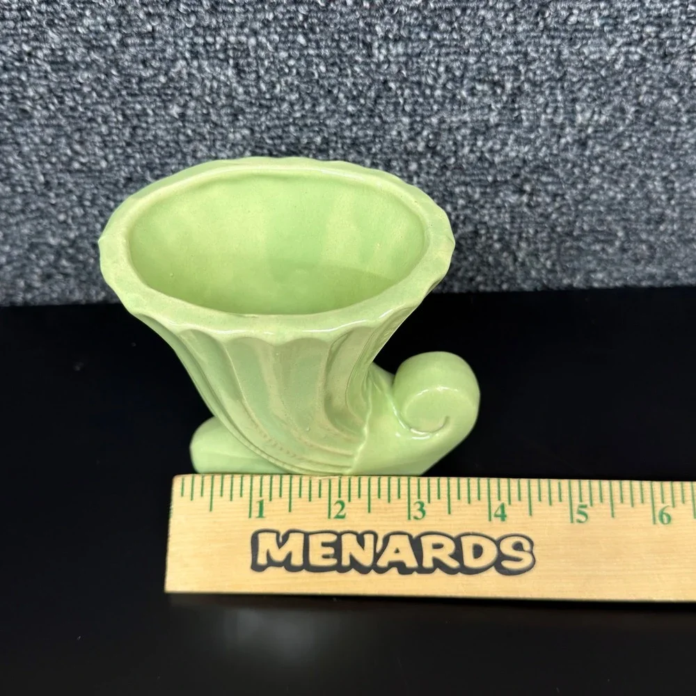 Vintage Green Ceramic Cornucopia Vase Set Mid Century Ribbed Scrolled Planter